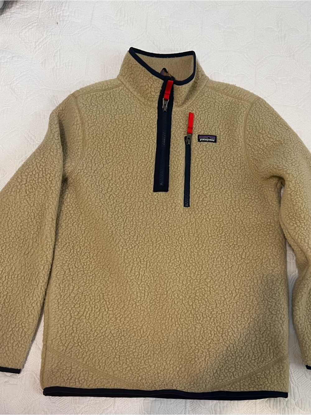 Patagonia Boys Tan Sherpa Fleece Pullover with Black Trim and Red Accents 14XL